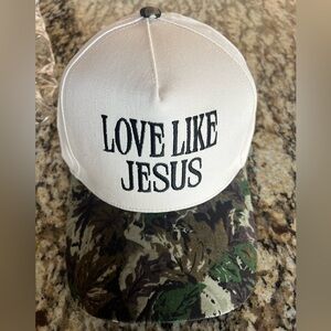 White Trucker Hat with 'LOVE LIKE JESUS' and Camouflage Brim